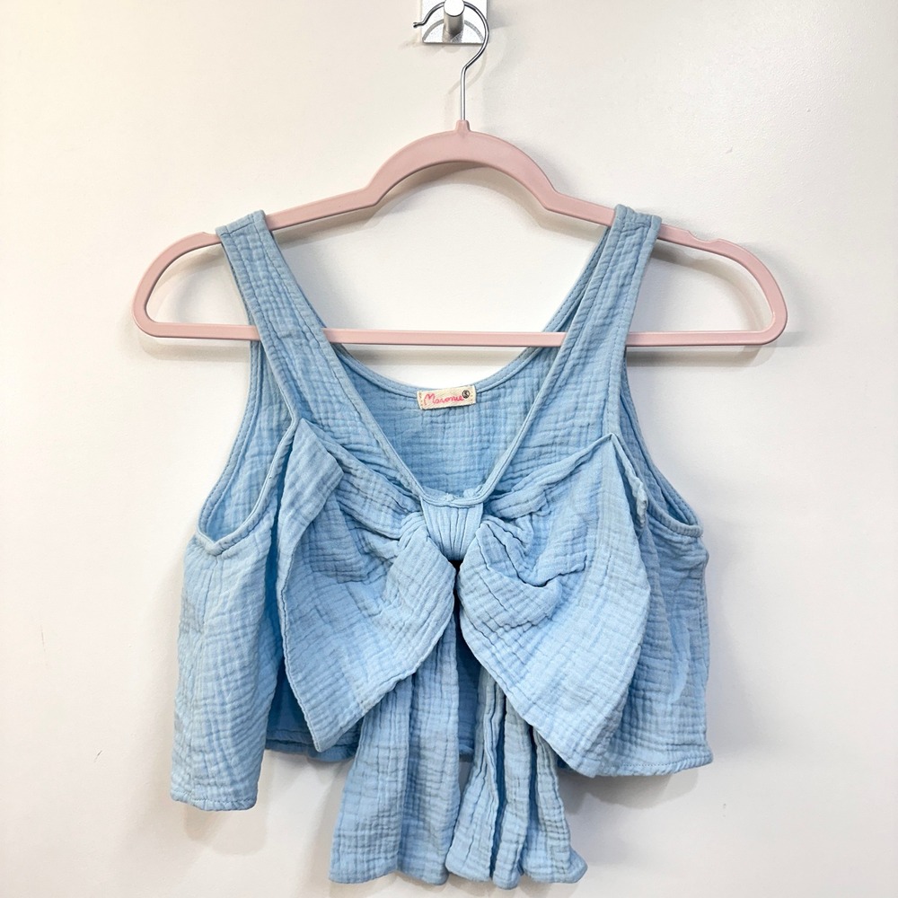 Cotton Gauze Bow‎ Front Crop Tank Top S Blue Sleeveless Coquette Cottagecore
